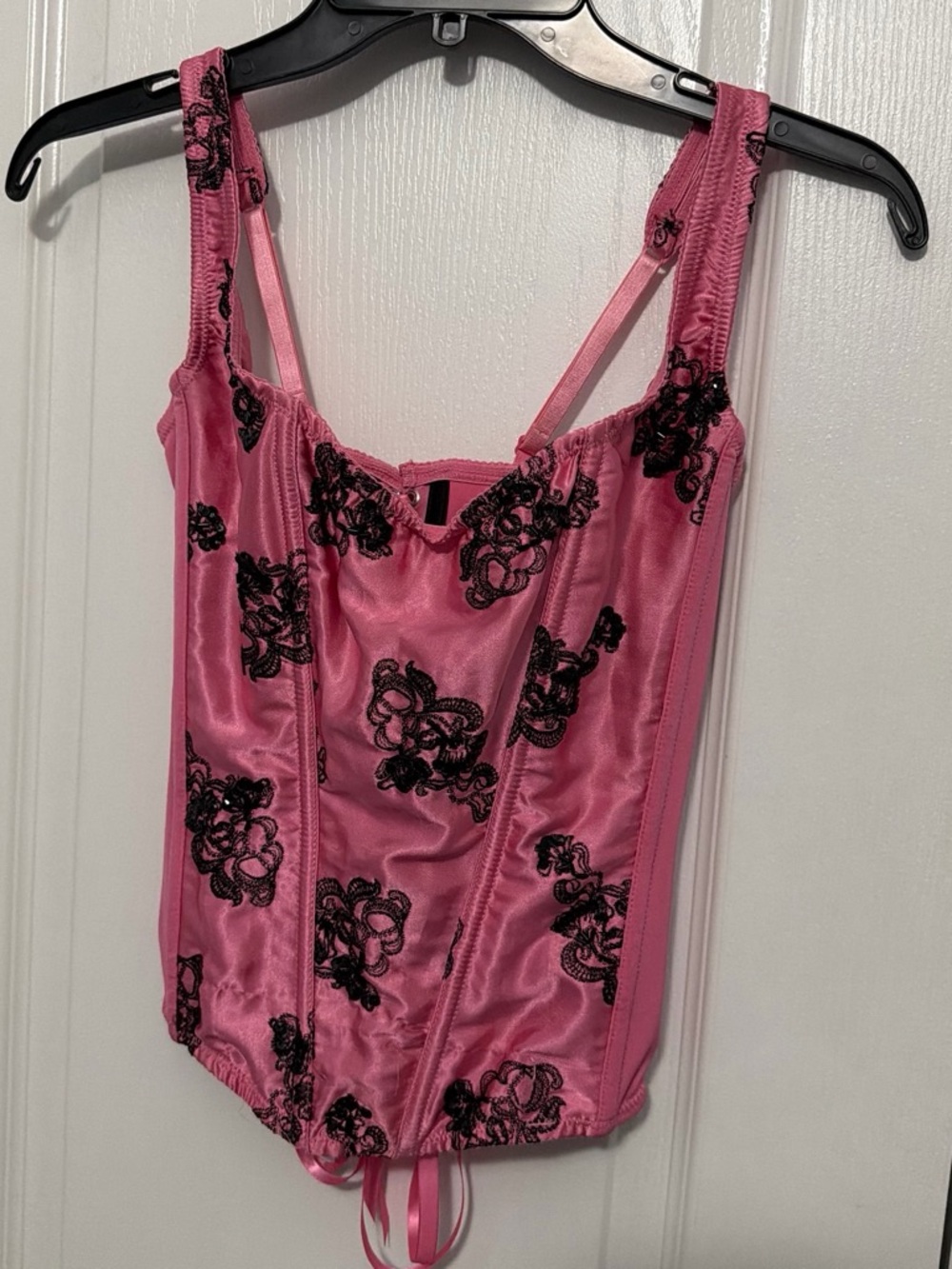 Frederick's of Hollywood Pink Satin Corset with Black Lace Appliqué